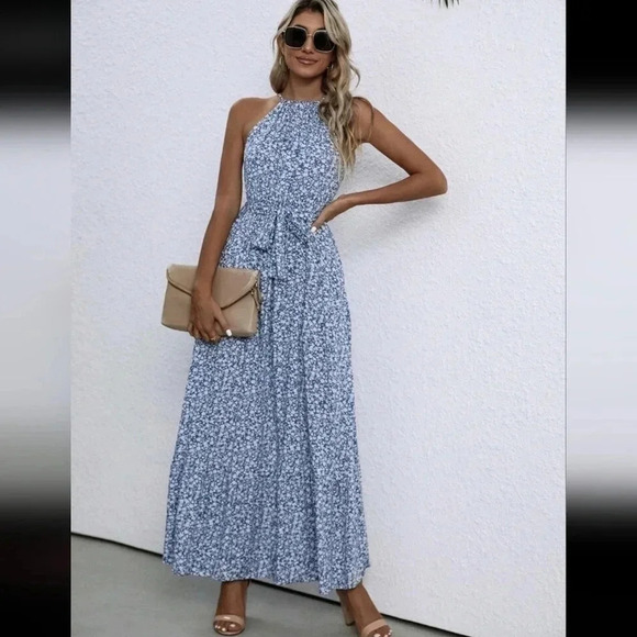 Ditsy Floral Print Ruffle Hem Belted Halter Dress - Picture 6 of 6